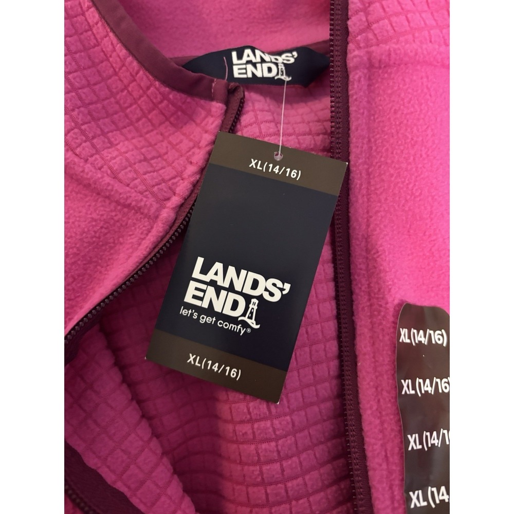 Lands' End Fleece Jacket Girls XL 14-16‎ Red Full Zip Waffle Grid Blue Trim - Picture 6 of 7